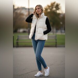 BDG White Puffer Jacket High Collar Insulated💥